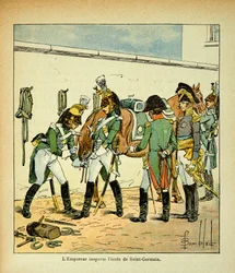 Illustration av Bombled Louis (1862-1927) från boken "The memorial se Sainte Helene" av greve Emmanuel de Las Cases (1766-1842): Kejsar Napoleon inspekterar skolan i Saint Germain, privat samling.