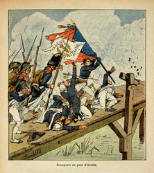 Illustration av Bombled Louis (1862-1927) från boken "The memorial se Sainte Helene" av greve Emmanuel de Las Cases (1766-1842): Bonaparte vid bron av Arcole, privat samling