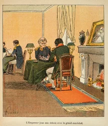 Illustration av den bombade Louis (1862-1927) från boken "The Memorial of Saint Helene" av greve Emmanuel de Las Cases (1766-1842): Napoleon och stormarechal Henri Gatien Bertrand (1773-1844) spelar schack i augusti 1816 på Ste Helene, Privat samling