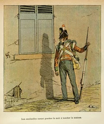 Illustration av bombade Louis (1862-1927) från boken "The Memorial of Saint Helene" av greve Emmanuel de Las Cases (1766-1842): Engelsk vaktpost stationerad nära kejsarens hus i St. Helene, privat samling