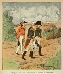 Illustration av Louis Bombled (1862-1927) ur boken ”Minnesmärket från Sankt Helena” av greve Emmanuel de Las Cases (1766-1842): Samtal mellan Napoleon, guvernör Hudson Mowe och den engelske amiralen Cockburn i augusti 1816 på Sankt Helena, Private Co