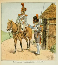 Illustration av den bombade Louis (1862-1927) från boken "The Memorial of Saint Helene" av greve Emmanuel de Las Cases (1766-1842): Kejsergardet: Artilleri till fots och artilleritåg, privat samling