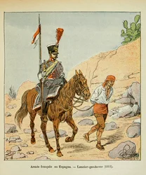 Illustration av bombade Louis (1862-1927) från boken "The Memorial of Saint Helene" av greve Emmanuel de Las Cases (1766-1842): Fransk Armee i Spanien: Lancier gendarme 1811, privat samling