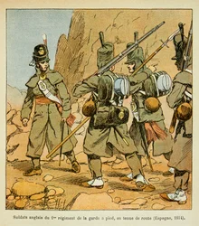 Illustration av bombade Louis (1862-1927) från boken "The Memorial of Saint Helene" av greve Emmanuel de Las Cases (1766-1842): Engelska soldater från 1:a gardets regemente i ett vägställ (Spanien 1814), privat samling