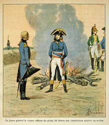Illustration av den bombade Louis (1862-1927) från boken "The Memorial of Saint Helene" av greve Emmanuel de Las Cases (1766-1842): första mötet mellan Bonaparte och marechal Henri Gatien Bertrand (1773-1844), dåvarande andeofficer i Italiens armé
