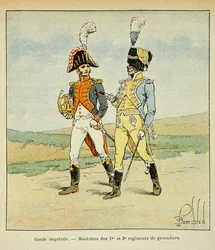 Illustration av Bombled Louis (1862-1927) från boken "The Memorial of Saint Helene" av greve Emmanuel de Las Cases (1766-1842): Kejsargardet: Musiker från 1:a och 2:a grenadjärregementet, privat samling.