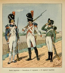 Illustration av den bombade Louis (1862-1927) från boken "The Memorial of Saint Helene" av greve Emmanuel de Las Cases (1766-1842): Garde Imperiale; grenadjär vid 1:a regementet; elever av 2:a regementet, Privatsamling