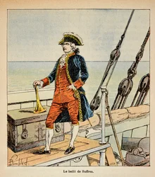 Illustration av den bombade Louis (1862-1927) från boken "The Memorial of Saint Helene" av greve Emmanuel de Las Cases (1766-1842): Porträtt av Pierre Andre de Suffren (1729 - 1788), känd som fogden av Suffren, Viceamiral, privat samling