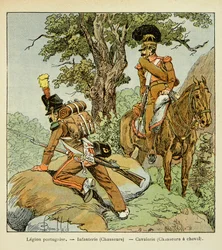 Illustration av den bombade Louis (1862-1927) från boken "The Memorial of Saint Helene" av greve Emmanuel de Las Cases (1766-1842): Portugisisk legion: infanteri (jägare) och kavalleri (jägare till häst), privat samling