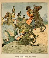 Illustration av den bombade Louis (1862-1927) från boken "The Memorial of Saint Helene" av greve Emmanuel de Las Cases (1766-1842): General Jean Victor Marie Moreaus (1763-1813) död i slaget vid Dresden den 26 Augusti 1813, Privat samling