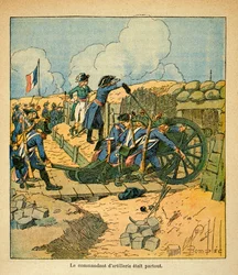 Illustration av bombade Louis (1862-1927) från boken "The Memorial of Saint Helene" av greve Emmanuel de Las Cases (1766-1842): Napoleon Bonaparte vid sätet i Toulon 1793, privat samling