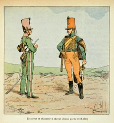 Illustration av bombade Louis (1862-1927) från boken "The Memorial of Saint Helene" av greve Emmanuel de Las Cases (1766-1842): Armee Francaise: Scout och jägare av det unga gardet 1813 - 1815, Privat samling
