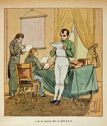 Illustration av bombade Louis (1862-1927) från boken "The Memorial of Saint Helene" av greve Emmanuel de Las Cases (1766-1842): läsning av engelska tidningar av Napoleon a Ste Helene, privat samling