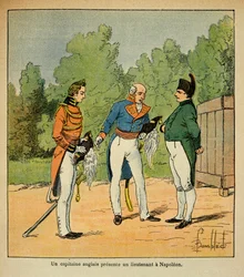 Illustration av Bombled Louis (1862-1927) från boken "The Memorial of Saint Helene" av greve Emmanuel de Las Cases (1766-1842): En engelsk kapten överlämnar en löjtnant till kejsar Napoleon till Helene, privat samling.