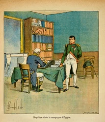 Illustration av Bombled Louis (1862-1927) från boken "The Memorial of Saint Helene" av greve Emmanuel de Las Cases (1766-1842): I sin exil dikterar kejsar Napoleon sina minnesmärken till den store marskalken Henri Gatien Bertrand (1773-1844) på den egyptis