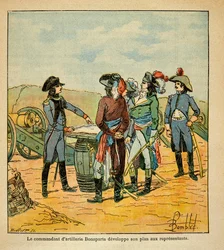Illustration av Bombled Louis (1862-1927) från boken "The Memorial of Saint Helene" av greve Emmanuel de Las Cases (1766-1842): Napoleon Bonaparte avslöjar sin plan att inta Toulon för republikens kommissionärer.