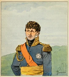 Illustration av Bombled Louis (1862-1927) från boken "The Memorial of Saint Helene" av greve Emmanuel de Las Cases (1766-1842): Porträtt av Marechal Victor (Claude Victor Perrin)