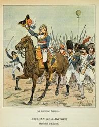 Illustration av Bombled Louis (1862-1927) från boken "The Memorial of Saint Helene" av greve Emmanuel de Las Cases (1766-1842): Marskalken Jean Baptiste Jourdan (1762-1833) i spetsen för sina trupper, privat samling.