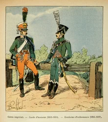 Illustration av bombade Louis (1862-1927) från boken "The Memorial of Saint Helene" av greve Emmanuel de Las Cases (1766-1842): The Imperial Guard: Guard of Honor (1813 - 1814) och Constable of Ordinance (1806 - 1807), Privat samling