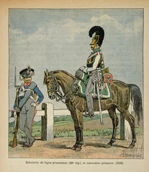 Illustration av den bombade Louis (1862-1927) från boken "The Memorial of Saint Helene" av greve Emmanuel de Las Cases (1766-1842): Infanteri av den preussiska linjen (42, eme regemente) och preussiska slagskepp