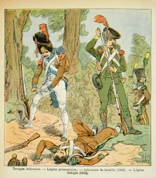 Illustration av bombade Louis (1862-1927) från boken "The Memorial of Saint Helene" av greve Emmanuel de Las Cases (1766-1842): Italienska trupper, Piemontaise Legion: Battle Infantry (1806, Italic Legion (1800), Privat samling