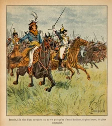 Illustration av bombade Louis (1862-1927) från boken "The Memorial of Saint Helene" av greve Emmanuel de Las Cases (1766-1842): Joachim Murat (1767-1815) laddar i spetsen för sitt kavalleri, privat samling