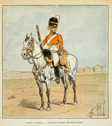 Illustration av bombade Louis (1862-1927) från boken "The Memorial of Saint Helene" av greve Emmanuel de Las Cases (1766-1842): English Armee: Scottish Dragons (scotch greys), Privat samling