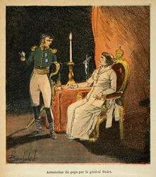 Illustration av den bombade Louis (1862-1927) från boken "The Memorial of Saint Helene" av greve Emmanuel de Las Cases (1766-1842): arrestering av påven Pius VII av general Stephen Radet (1762-1825) 1809, privat samling