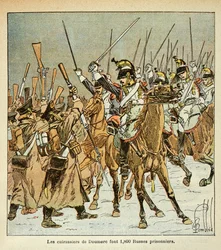 Illustration av bombade Louis (1862-1927) från boken "The Memorial of St. Helene" av greve Emmanuel de Las Cases (1766-1842): Överste Doumeres nionde regemente av slagskepp fångade 1800 ryssar under det ryska fälttåget, privat samling