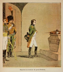Illustration av den bombade Louis (1862-1927) från boken "The Memorial of St. Helene" av greve Emmanuel de Las Cases (1766-1842): Napoleon mediterar på Fredrik II av Preussens kista i kryptan i GarnisonKirche i Potsdam i 1806, Privata Collecti