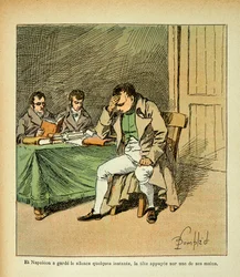 Illustration av den bombade Louis (1862-1927) från boken "The memorial se Sainte Helene" av greve Emmanuel de Las Cases (1766-1842): Kejsar Napoleon mediterar i reaktionen på sina minnesmärken, Privat samling