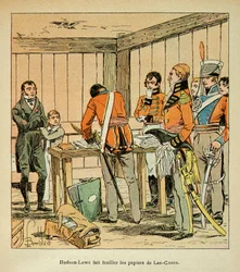 Illustration av bombade Louis (1862-1927) från boken "The memorial se Sainte Helene" av greve Emmanuel de Las Cases (1766-1842): Hudson Lowe (1769-1844) genomsöker Las Cases papper, Privat samling