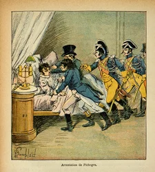Illustration av Bombled Louis (1862-1927) från boken "The memorial se Sainte Helene" av greve Emmanuel de Las Cases (1766-1842): Arrestering av Jean Charles Pichegru (1761-1804) den 28 februari 1804, privat samling.