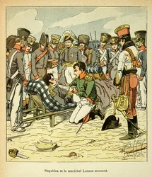 Illustration av bombade Louis (1862-1927) från boken "The memorial se Sainte Helene" av greve Emmanuel de Las Cases (1766-1842): Marechal Jean Lannes död (1769-1809), Kejsaren Napoleon har sina Cotes, privat Samling