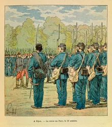 „Östarmén“ av Eugène Sergeant, kallad Grenest, illustrerad av Louis Bombled (1862-1927) (fransk-tyska kriget; fälttåget 1870-1871): I Dijon, Nationalgardets förråd i parken den 19 oktober