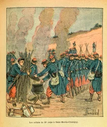 The Army of the East av Eugene Sergeant, dit Grenest, illustrerad av Louis Bombled (1862-1927) (fransk-tyska kriget; kampanj 1870 -1871): Soldaterna från den 18:e kåren vid Saint Martin d
