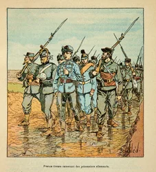 The Army of the Loire av Eugene Sergent, dit Grenest, illustrerad av Louis Bombled (1862-1927) (fransk-tyska kriget; kampanj 1870-1871): Frisläckare som förde tillbaka tyska fångar i oktober 1870, privat samling