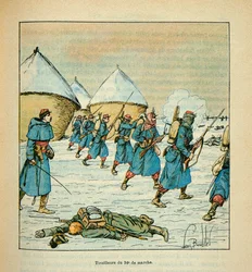 The Army of the Loire av Eugene Sergent, dit Grenest, illustrerad av Louis Bombled (1862-1927) (fransk-tyska kriget; kampanj 1870 -1871): Tirailleurs du 34, eme de marche aux combats de Poupry i december 1870 , partiell samling