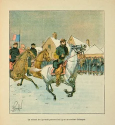 The Armee of the Loire av Eugene Sergeant, dit Grenest, illustrerad av Louis Bombled (1862-1927) (Frankisk-tyska kriget; kampanj 1870-1871): Överste Lipowski reser Alencons stridslinjer i januari 1871, privat samling