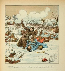 The Armee of the Loire av Eugene Sergeant, dit Grenest, illustrerad av Louis Bombled (1862-1927) (fransk-tyska kriget; kampanj 1870 -1871): Abbe Fouqueray, bror till en påvlig Zouave, dödas på kaptenens kropp Bellevue, privat samling