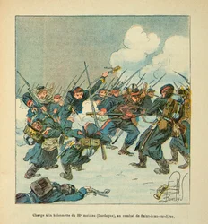 The Armee of the Loire av Eugene Sergeant, känd som Grenest, illustrerad av Louis Bombled (1862-1927) (fransk-tyska kriget; kampanj 1870 -1871): anfall till bajonetten av den 22:a mobilen (Dordogne) i slaget vid Saint Jean sur Evre i januari 1871, P