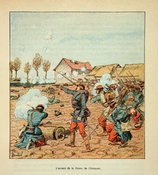 The Armee of the Loire av Eugene Sergent, dit Grenest, illustrerad av Louis Bombled (1862-1927) (fransk-tyska kriget; fälttåg 1870 -1871): Slaget vid Coulmiers den 9 november 1870, fransmännens anfall vid Cleomont Gård, privat samling