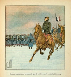 The Armee of the Loire av Eugene Sergent, känd som Grenest, illustrerad av Louis Bombled (1862-1927) (fransk-tyska kriget; kampanj 1870-1871): General Chanzy och hans stab reser stridslinjen före striderna den 8 december 1870, Privat samling