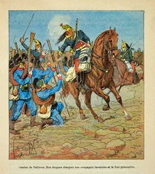 The Armee of the Loire av Eugene Sergent, känd som Grenest, illustrerad av Louis Bombled (1862-1927) (Frankisk-tyska kriget; kampanj 1870 -1871): Slaget vid Vallieres i november 1870, franska drakar attackerar ett bayerskt kompani och gör it-fången, menig 
