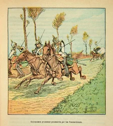 The Armee of the Loire af Eugene Sergent, kendt som Grenest, illustreret af Louis Bombled (1862-1927) (fransk-tyske krig; kampagne 1870 -1871): Preussiske kyrassere forfulgt af freicisterne i oktober 1870, Private Collectionswed
