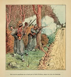 The Armee of the Loire av Eugene Sergent, känd som Grenest, illustrerad av Louis Bombled (1862-1927) (fransk-tyska kriget; kampanj 1870-1871): Kriget i Orleans, de påvliga zouaverna drog sig tillbaka genom skogen i Orleans med Bayern i schack på