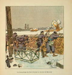 The Armee of the Loire av Eugene Sergent, känd som Grenest, illustrerad av Louis Bombled (1862-1927) (fransk-tyska kriget; kampanj 1870 -1871): De franska skyttarna i Paris försvarar kyrkogården i Montsort (Alencon) i januari 1871, Privat samling