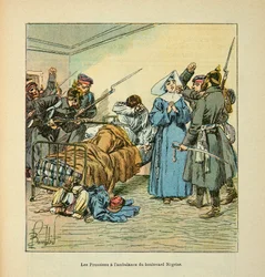The Armee of the Loire av Eugene Sergent, känd som Grenest, illustrerad av Louis Bombled (1862-1927) (fransk-tyska kriget; kampanj 1870 -1871): Preussar vid ambulansen på Boulevard Negrier au Mans i januari 1871, privat samling