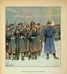 The Armee of the Loire av Eugene Sergent, känd som Grenest, illustrerad av Louis Bombled (1862-1927) (fransk-tyska kriget; kampanj 1870 -1871): Denuering av några preussiska trupper 1870, privat samling