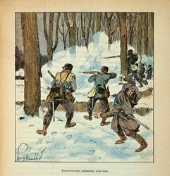 The Armee of the Loire av Eugene Sergent, känd som Grenest, illustrerad av Louis Bombled (1862-1927) (Frankisk-tyska kriget; kampanj 1870 -1871): Francs skyttar Fransk kämpe under trä, privat samling